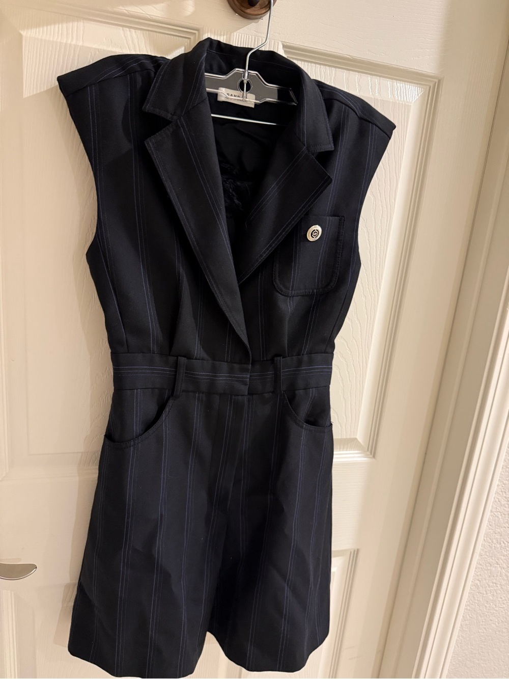 Sandro Navy Pinstripe Sleeveless Blazer Jumpsuit